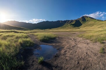 Serene Landscape with Green Grass and Calm Water Puddle Under a Clear Blue Sky in a Mountainous Region During Daylight Hours