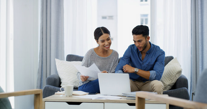 Reading, planning and couple with paperwork, laptop or salary budget for household bills and mortgage. Financial documents, credit score and people with income for investment, report or savings audit