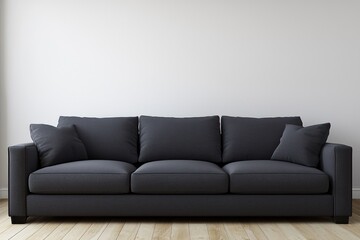 Modern living room with charcoal gray sofa, space for art, 3D.