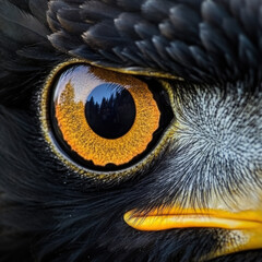 Extreme close-up of a Steller's sea eagle's eye, piercing golden color, incredible feather details, soft natural lighting, UHD 8K 