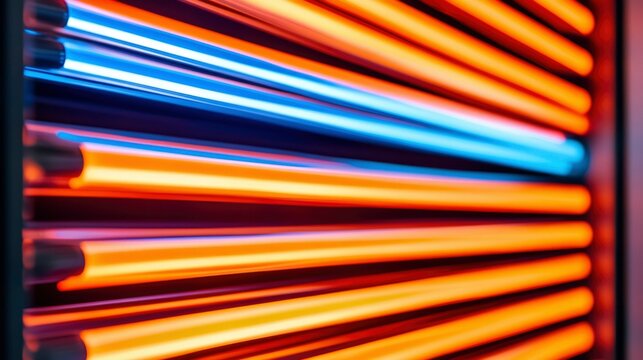 Glowing orange and blue tubes arranged in parallel lines, creating a visually striking pattern