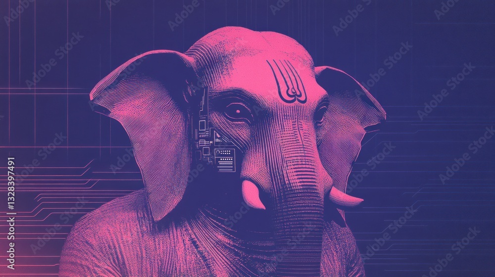 Poster Futuristic Graphic Design of Ganesha with Modern Elements and Vibrant Colors