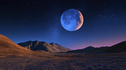 Captivating lunar landscape with large moon illuminating night sky, surrounded by mountains and stars