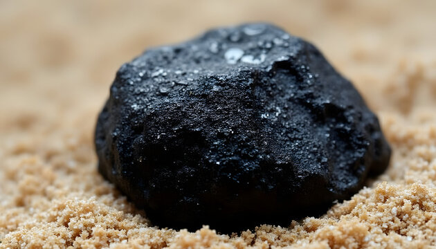 The texture of the rare mineral gagate, with its smooth black surface and luster, against a background of light-colored sand.