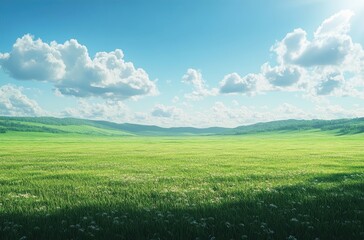 Obraz premium Serene Landscape with Lush Green Grass, Gentle Hills, Vibrant Sky and Fluffy Clouds Under Bright Sunlight in a Calm Natural Setting