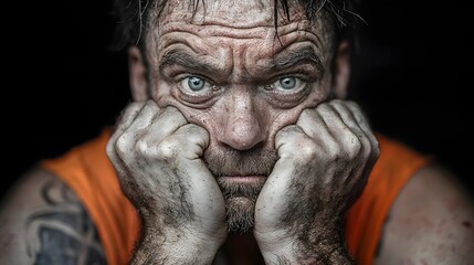 A powerful gritty portrait capturing the duality of human suffering   the psychological and physical torment expressed through a dramatic