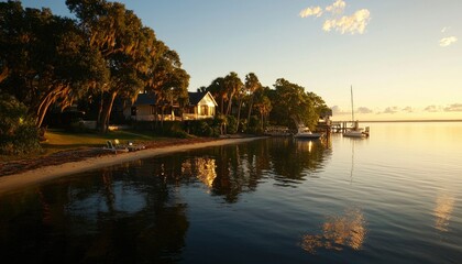 Sunrise over calm water, reflecting houses & trees on a sandy shore with boats moored
