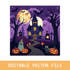 spooky halloween night scene with haunted house and bats