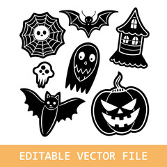 Happy Halloween set of elements, ghost, pumpkin, bat and cat. Vector is cute illustration in hand drawn style