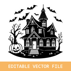 halloween pumpkin night moon bat vector horror holiday spooky illustration tree castle scary october dark celebration design house black silhouette orange cartoon fear party
