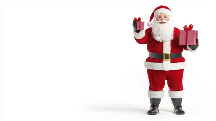 Cheerful cartoon Santa Claus holding gifts, spreading holiday joy and excitement