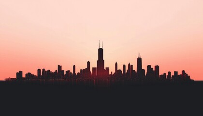 Fototapeta premium City skyline at sunset, buildings silhouetted against a warm sky