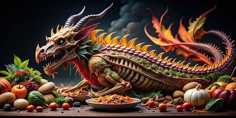 Fototapeta premium Spooky Halloween Dragon Skeleton Feast: Gourmet Food Photography