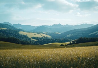 Fototapeta premium Serene Landscape with Rolling Hills and Mountains Under a Cloudy Sky in the Countryside Featuring Lush Green Fields and Golden Grass