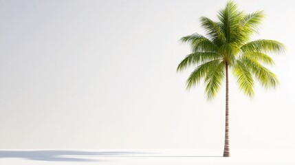 Obraz premium Lone palm tree casting shadow on white, sunny backdrop, tropical vibes