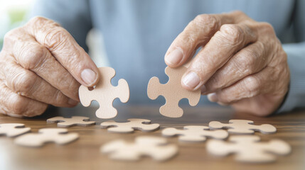 Engaged hands of elderly person assembling wooden puzzle pieces, showcasing focus and cognitive activity