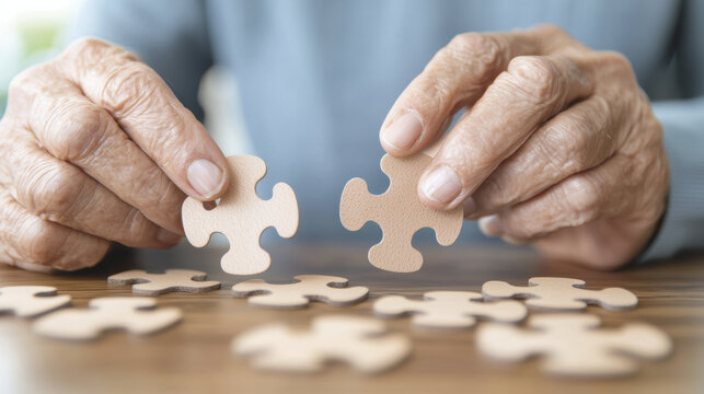 Engaged hands of elderly person assembling wooden puzzle pieces, showcasing focus and cognitive activity