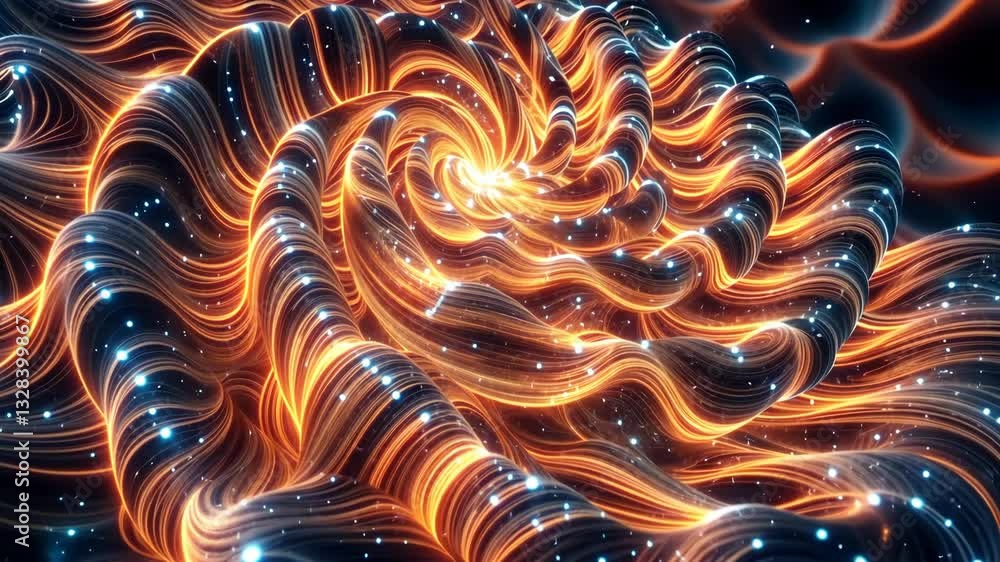 Leinwandbilder A colorful, swirling pattern of lines and dots. The lines are mostly orange and black, with some blue and white dots scattered throughout. The pattern appears to be made up of a series of waves