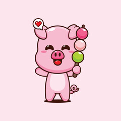 Pig cartoon vector illustration eating dango