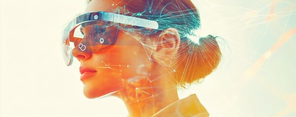 A person wearing futuristic glasses with digital network overlay