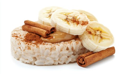 Healthy Snack Arrangement of Rice Cake Topped with Peanut Butter, Fresh Banana Slices, and Sprinkled Cinnamon Sticks for a Nutritious Treat
