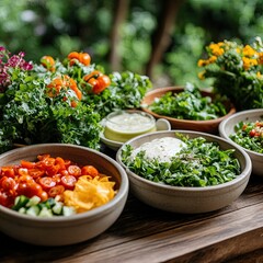 Farm-to-table culinary experience rustic meal prep showcase in a vibrant garden environment
