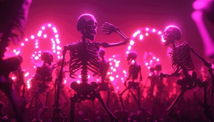 Dancing skeletons in vibrant pink light.  A lively, spooky scene