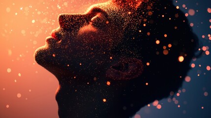 Fototapeta premium Man's face, illuminated, particles. Mystical, spiritual feel