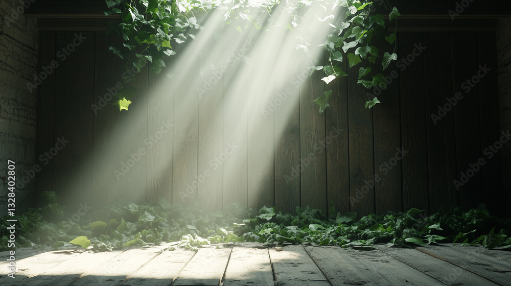 Poster sunlit sanctuary: a serene scene where sunlight streams through openings in a wooden structure, illu