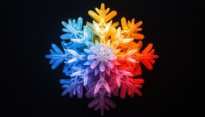 A vibrant, multicolored snowflake, radiating light against a stark black background.  Intricate details showcase its crystalline structure