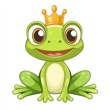 A smiling cartoon frog wearing a golden royal crown sits pretty
