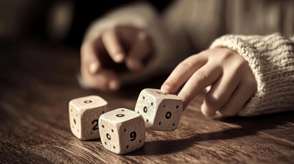 child rolling handmade dice with engraved numbers on wooden table, showcasing playful moment of creativity and imagination