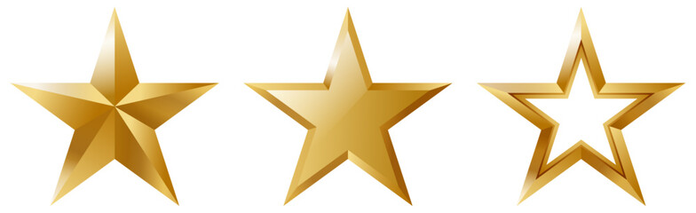 Premium Golden Star Variations: Faceted, Smooth, and Outlined - Isolated Set