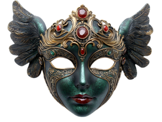 Elaborate Green and Gold Venetian Mask with Red Gems and Wing Accents on Black Background