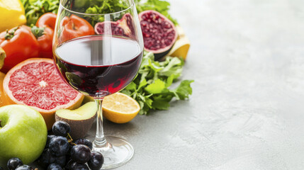Fresh fruits and glass of red wine create vibrant, healthy lifestyle choice. Enjoy colorful array of produce and rich flavor of wine