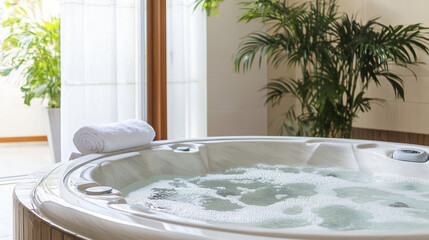 Luxurious jacuzzi with serene bubbles, surrounded by lush greenery and natural light