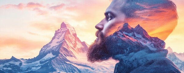 A bearded mans profile with mountain and sunset composite