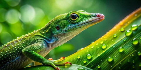 Fototapeta premium Striking Green Cuban Anole Lizard on Vibrant Tropical Foliage