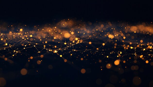 Abstract dark background with glowing particles and connecting lines forming a network
