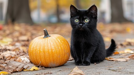 Black kitten and pumpkin in autumn leaves.  A cute Halloween scene!