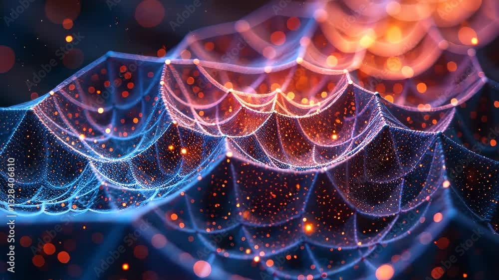 Poster a colorful, abstract wave with a mix of blue and orange hues. the wave is made up of many small, glo