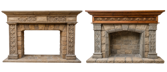 Two stone fireplace mantels isolated with transparent background