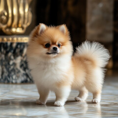 Obraz premium Fluffy Pomeranian puppy standing on a marble floor, bright and cheerful expression, luxurious setting, UHD 8K 