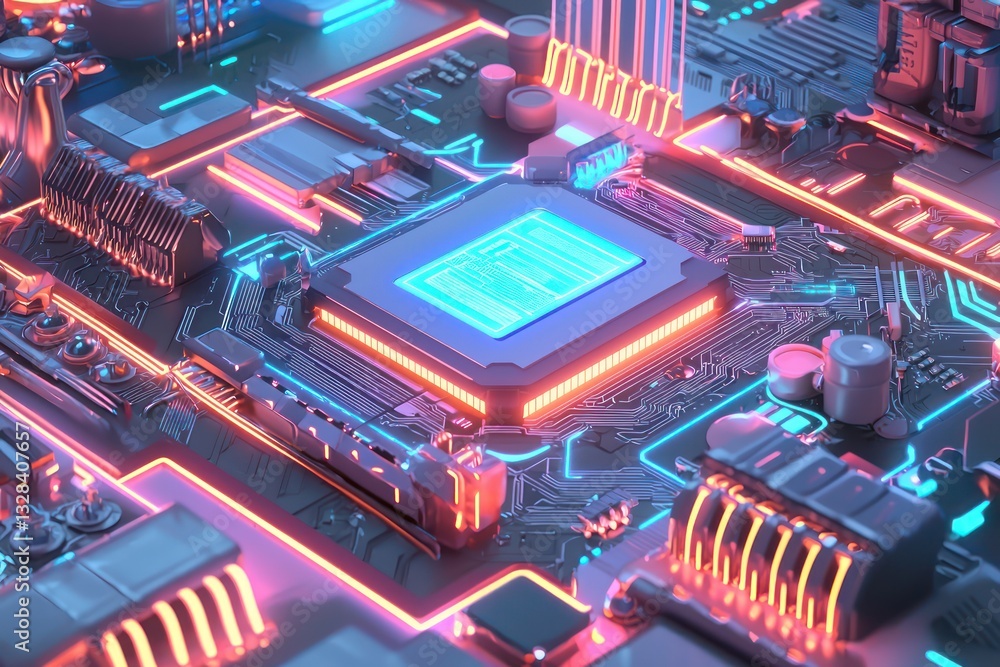 Poster 3d rendering of an ai chip, symbolizing advanced technology and innovation in a creative format.