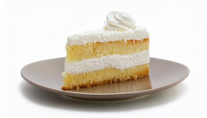 A delectable slice of vanilla cake, layered with creamy frosting and topped with a swirl of whipped cream.  The perfect sweet treat!