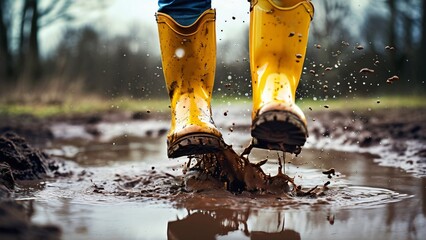 Close-Up of Colorful Rubber Boots in a Puddle Illustration for Jump in Muddy Puddles Day