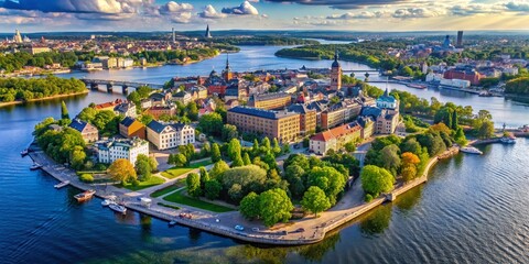 Stunning Aerial View: Nybroviken & Stockholm Cityscape, Summer Sunlight