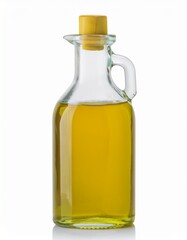 A glass bottle of golden-yellow cooking oil with a wooden cork stopper.  Perfect for adding a touch of culinary authenticity to your photos.