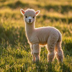 Obraz premium Fluffy baby alpaca standing in a green pasture, gentle and sweet, soft morning light, UHD 8K 