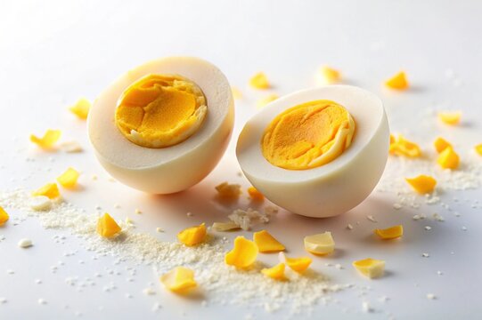 Two eggs are cut in half and placed on a white surface